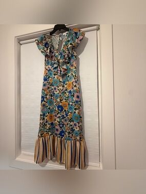Topshop Floral Ruffle Maxi Dress in Teal, Blue and Yellow